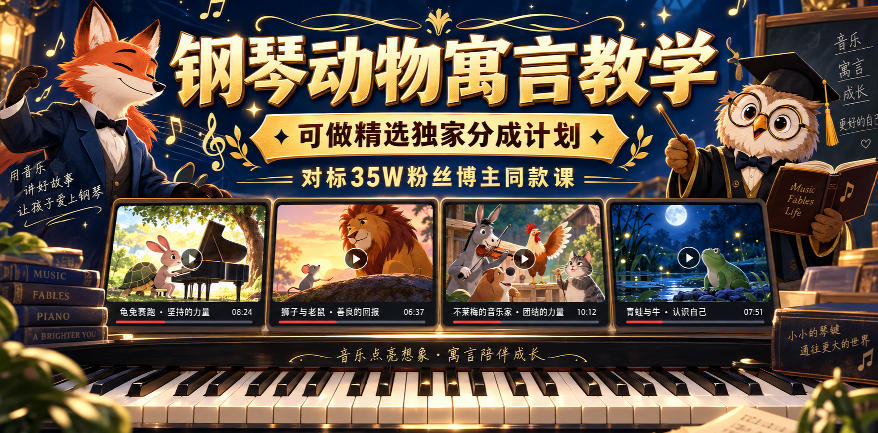 钢琴动物寓言教学,可做精选独家分成计划,对标35W粉丝博主同款课 9月抖音全新精选赛道玩法,10w粉丝博主的动漫钢琴短视频制作教学,制作简单,小白也能轻松解锁抖音精选收益-邪修侠 - 演示