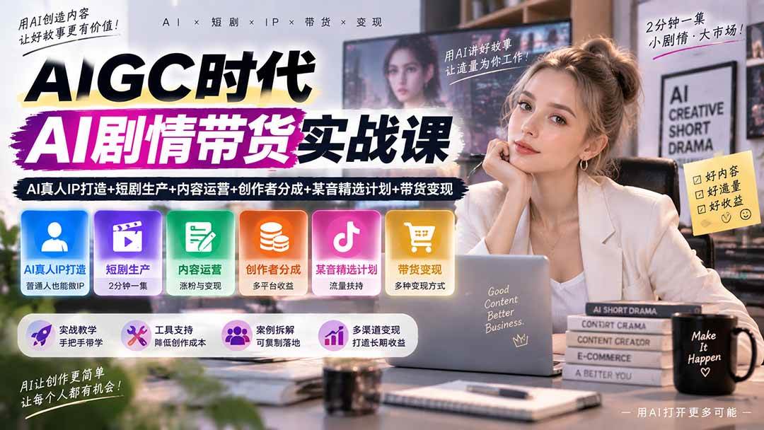 （20567期）AIGC时代AI剧情带货实战课｜AI真人IP打造+短剧生产+内容运营+创作者分成、某音精选计划+带货变现-网创百晓生