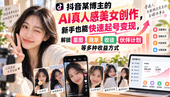 抖音某博主的AI真人感美女创作,新手也能快速起号变现,解锁星图,商单,收徒,伙伴计划等多种收益方式-90网