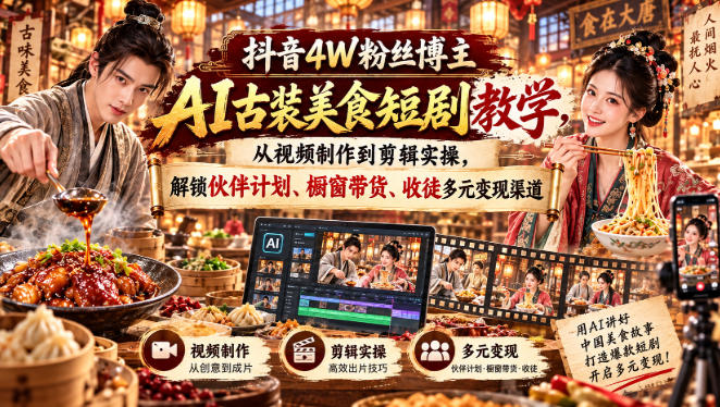 抖音4W粉丝博主AI古装美食短剧教学,从视频制作到剪辑实操,解锁伙伴计划、橱窗带货、收徒多元变现渠道-邪修侠 - 演示
