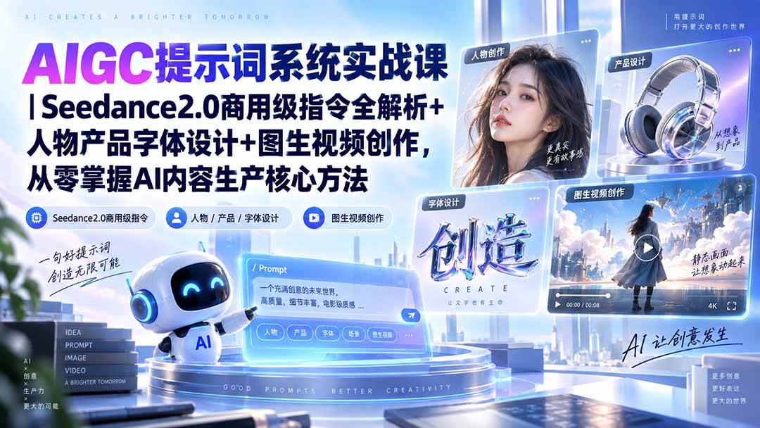 （20559期）AIGC提示词系统实战课-无水印｜Seedance2.0商用级指令全解析+人物产品字体设计+图生视频创作，掌握AI内容生产方法-多课资源站