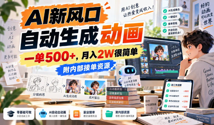 AI新风口，自动生成动画，一单500+，月入2W很简单，附内部接单资源【揭秘】-怪兽网创俱乐部