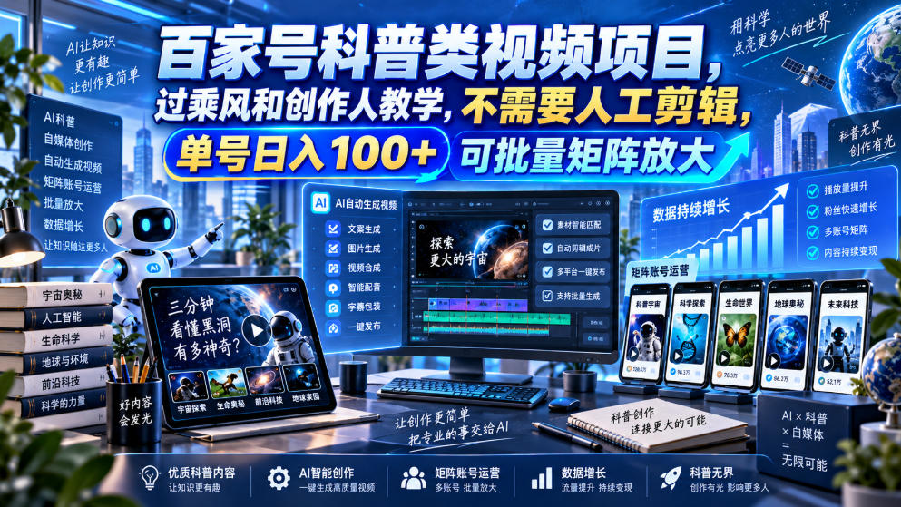 百家号科普类视频项目，过乘风和创作人教学，不需要人工剪辑，单号日入100+可批量矩阵放大-邪修侠 - 演示