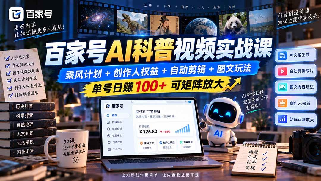 （20579期）百家号AI科普视频实战课：乘风计划+创作人权益+自动剪辑+图文玩法，单号日赚100+可矩阵放大-邪修侠 - 演示