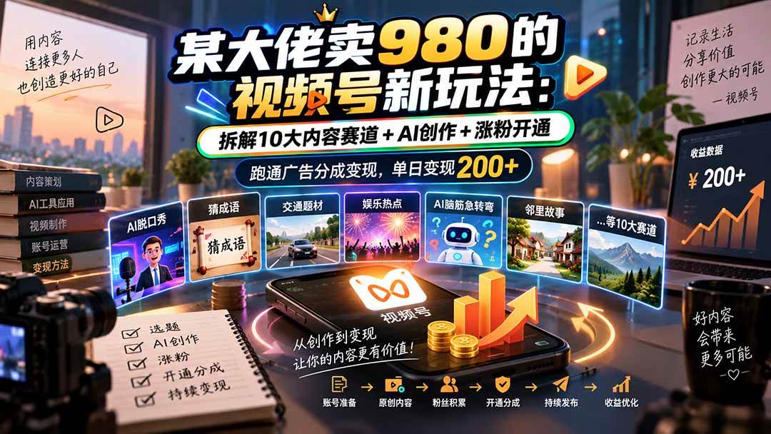 (20573期)某大佬卖980的视频号新玩法:拆解10大内容赛道+AI创作+涨粉开通,跑通广告分成变现,单日变现200+-邪修侠 - 演示