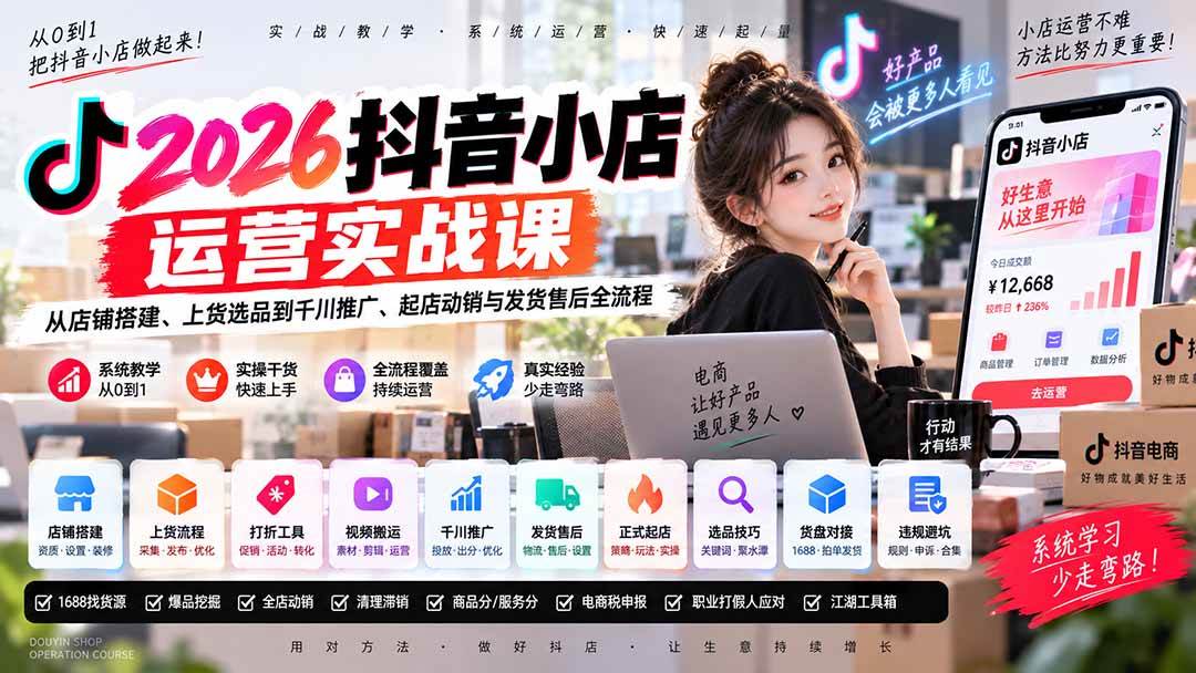 （20568期）2026抖音小店运营实战课｜从店铺搭建、上货选品到千川推广、起店动销与发货售后全流程-邪修侠 - 演示