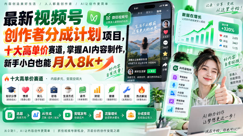 最新视频号创作者分成计划项目，十大高单价赛道，掌握AI内容制作，新手小白也能月入8k+-邪修侠 - 演示