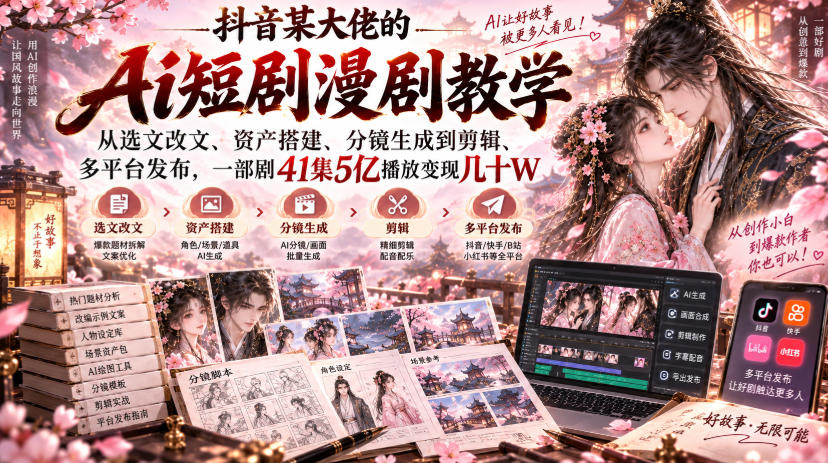 抖音某大佬的Ai短剧漫剧教学，从选文改文、资产搭建、分镜生成到剪辑、多平台发布，一部剧41集5亿播放变现几十W-邪修侠 - 演示