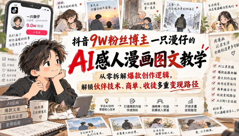 抖音9W粉丝博主一只漫仔的AI感人漫画图文教学，从零拆解爆款创作逻辑，解锁伙伴技术、商单、收徒多重变现路径-邪修侠 - 演示