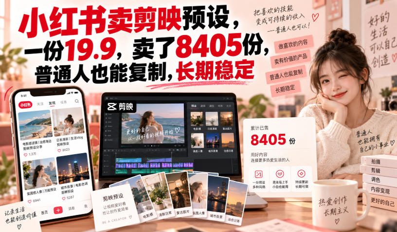 小红书卖剪映预设,一份19.9,卖了8405份,普通人也能复制,长期稳定亿创资源网_优质资源分享平台_一站式资源获取亿创资源网 | 优质资源分享平台_一站式资源获取