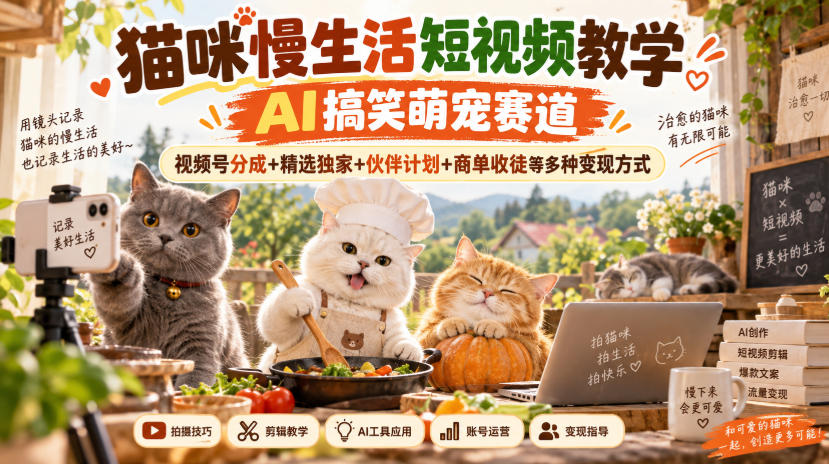 猫咪慢生活短视频教学，AI搞笑萌宠赛道，视频号分成+精选独家+伙伴计划+商单收徒等多种变现方式-多课资源站