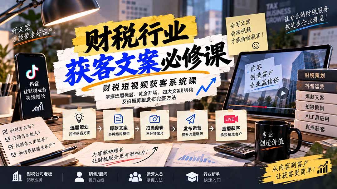 （20591期）财税短视频获客系统课：掌握选题标题、黄金开场、四大文案结构及拍摄剪辑发布完整方法-网创百晓生