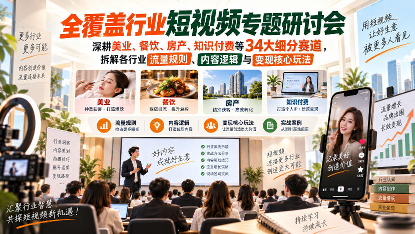 短视频专题研讨会，深耕美业、餐饮、房产、知识付费等34大细分赛道，拆解各行业流量规则、内容逻辑与变现核心玩法-邪修侠 - 演示