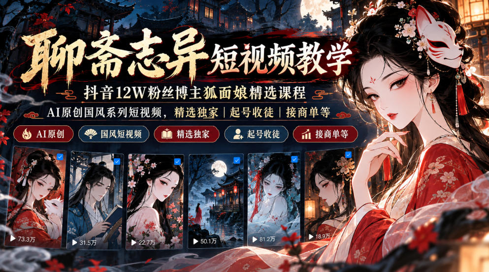 聊斋志异短视频教学，抖音12W粉丝博主狐面娘精选课程，AI原创国风系列短视频，精选独家丨起号收徒丨接商单等-90网