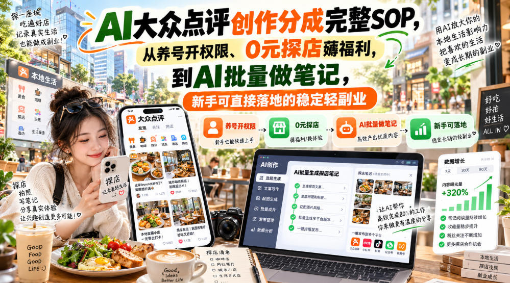 【无水印】AI大众点评创作分成完整SOP，从养号开权限、0元探店薅福利，到AI批量做笔记，新手可直接落地的稳定轻副业-网创百晓生