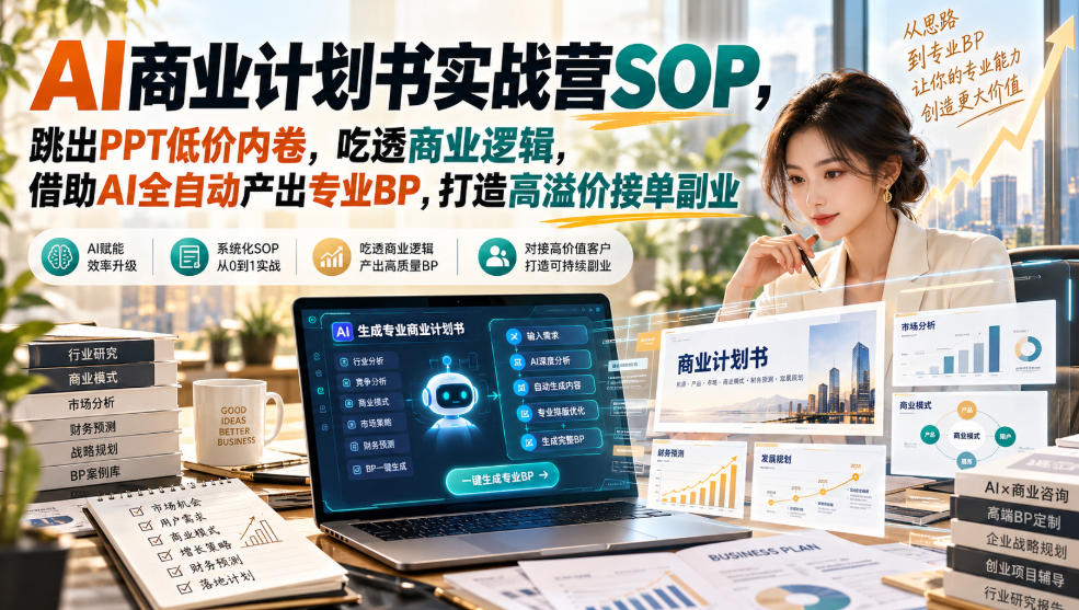 【无水印】AI商业计划书实战营SOP，跳出PPT低价内卷，吃透商业逻辑，借助AI全自动产出专业BP，打造高溢价接单副业-网创百晓生