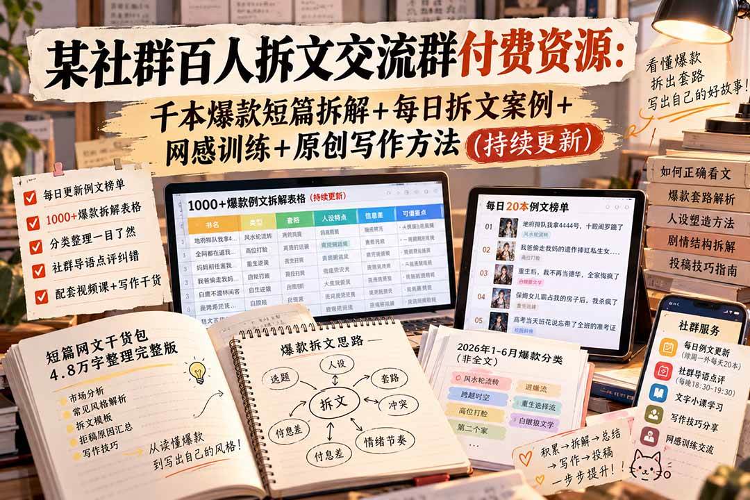 （20635期）某社群百人拆文交流群付费资源：千本爆款短篇拆解+每日拆文案例+网感训练+原创写作方法 (持续更新)
