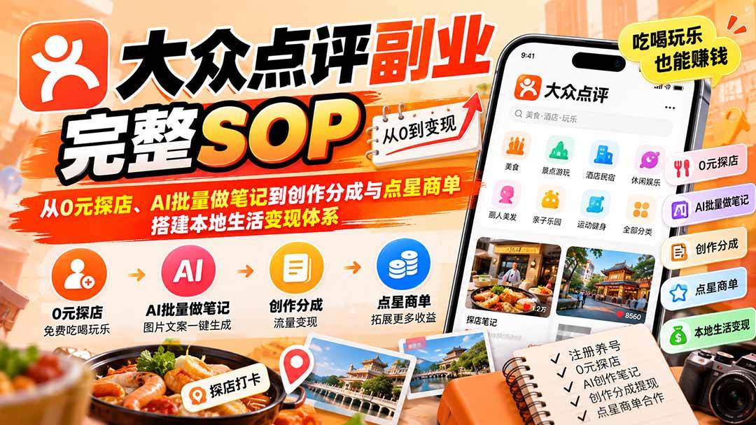 （20638期）【无水印】大众点评副业完整SOP：从0元探店、AI批量做笔记到创作分成与点星商单，搭建本地生活变现体系-网创百晓生