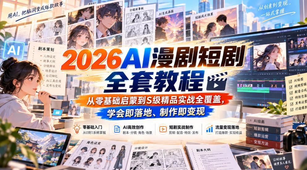 2026AI漫剧短剧全套教程，从零基础启蒙到S级精品实战全覆盖，学会即落地、制作即变现-怪兽网创俱乐部