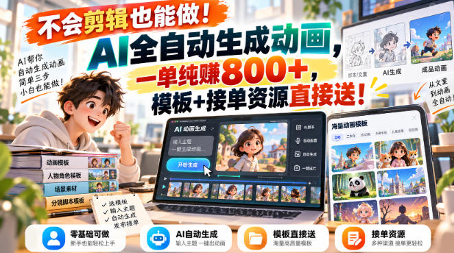 不会剪辑也能做!AI全自动生成动画,一单纯賺800+,模板+接单资源直接送!【揭秘】-90网