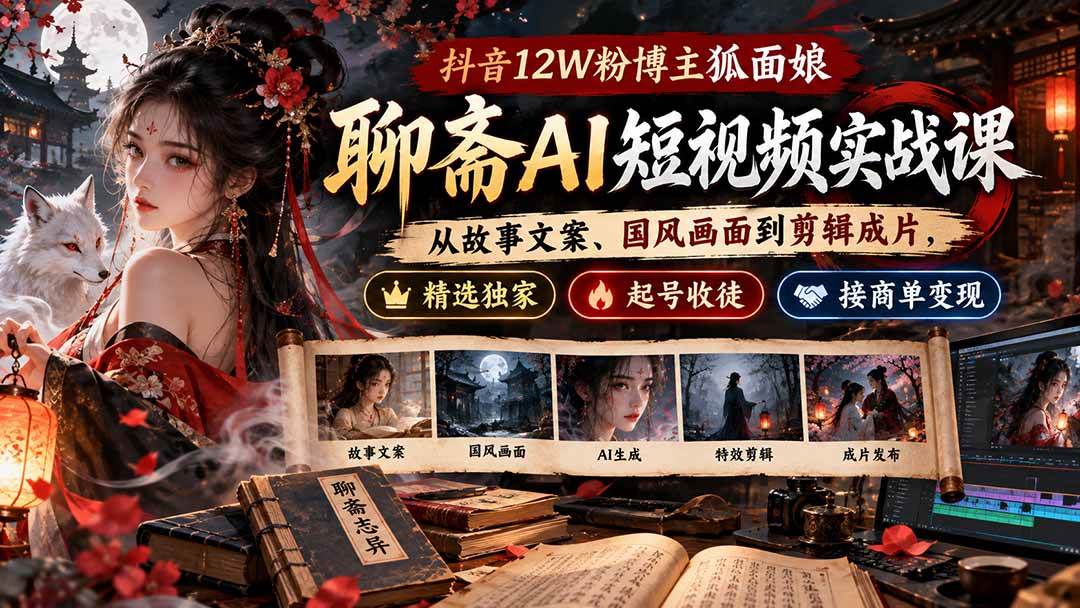 （20639期）抖音12W粉博主狐面娘-聊斋AI短视频实战课：从故事文案、国风画面到剪辑成片，精选独家+起号收徒+接商单变现-网创百晓生