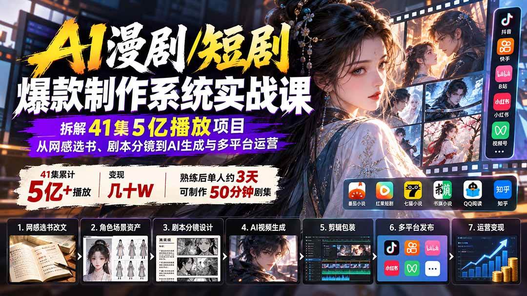 (20633期)AI漫剧/短剧爆款制作系统实战课:拆解41集5亿播放项目,从网感选书、剧本分镜到AI生成与多平台运营 (20633期)AI漫剧/短剧爆款制作系统实战课:拆解41集5亿播放项目,从网感选书、剧本分镜到AI生成与多平台运营