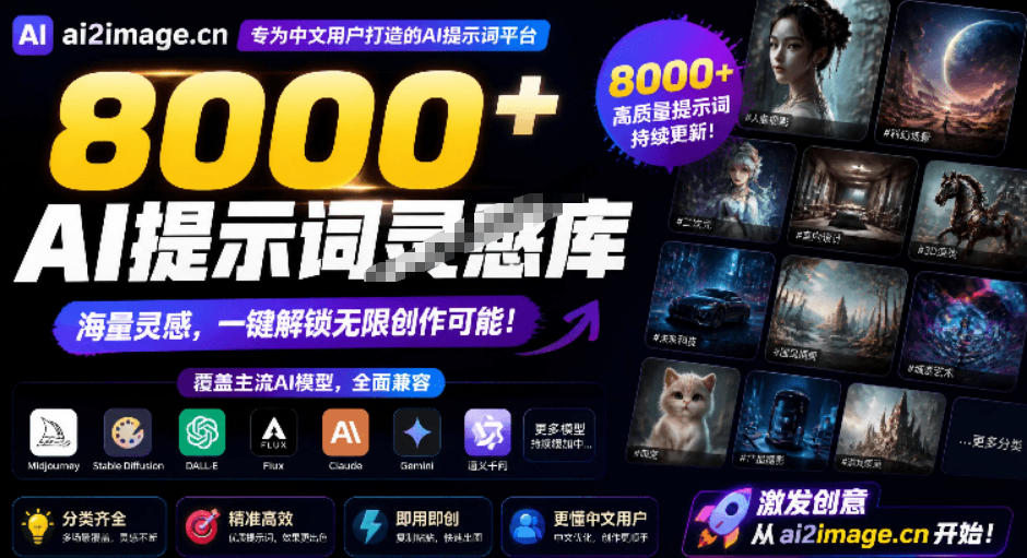 8000+AI提示词灵感库，覆盖图像生成和AI视频两大方向！专为中文创作者设计，完全免费使用AI2Image-网创百晓生
