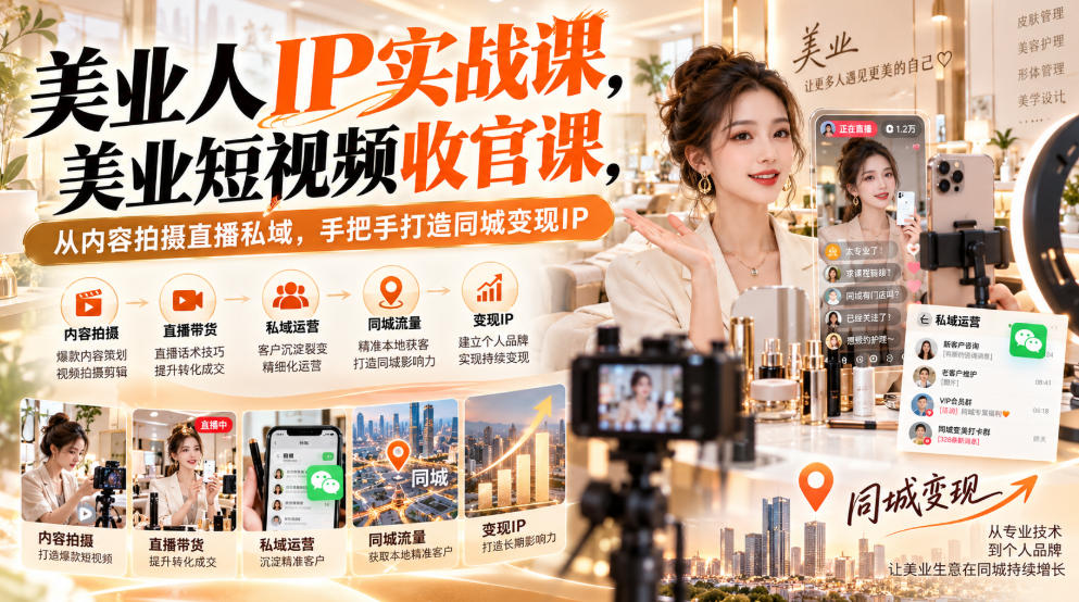 【无水印】美业人IP实战课，美业短视频收官课，从内容拍摄直播私域，手把手打造同城变现IP-90网
