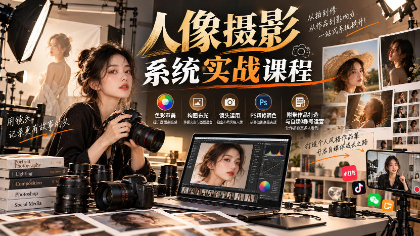【无水印】人像摄影系统实战课程，色彩审美、构图布光、镜头运用、PS精修调色，附带作品打造与自媒体账号运营-邪修侠 - 演示