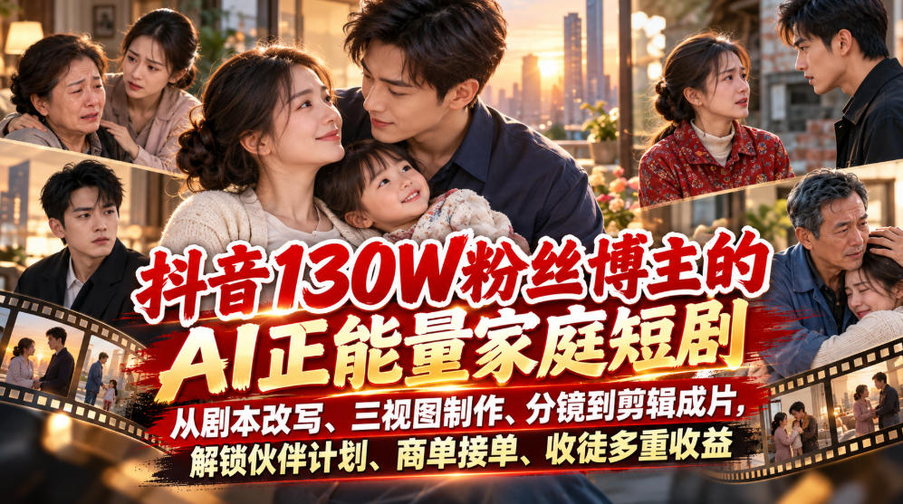 抖音130W粉丝博主的AI正能量家庭短剧，从剧本改写、三视图制作、分镜到剪辑成片，解锁伙伴计划、商单接单、收徒多重收益-网创百晓生