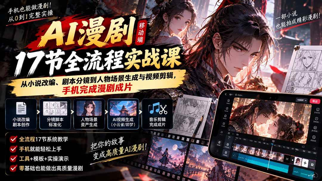 （20624期）AI漫剧移动端17节全流程实战课：从小说改编、剧本分镜到人物场景生成与视频剪辑，手机完成漫剧成片-网创百晓生