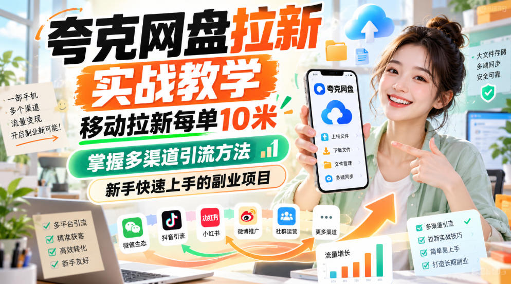 夸克网盘拉新实战教学，移动拉新每单10米，掌握多渠道引流方法，新手快速上手的副业项目-网创百晓生