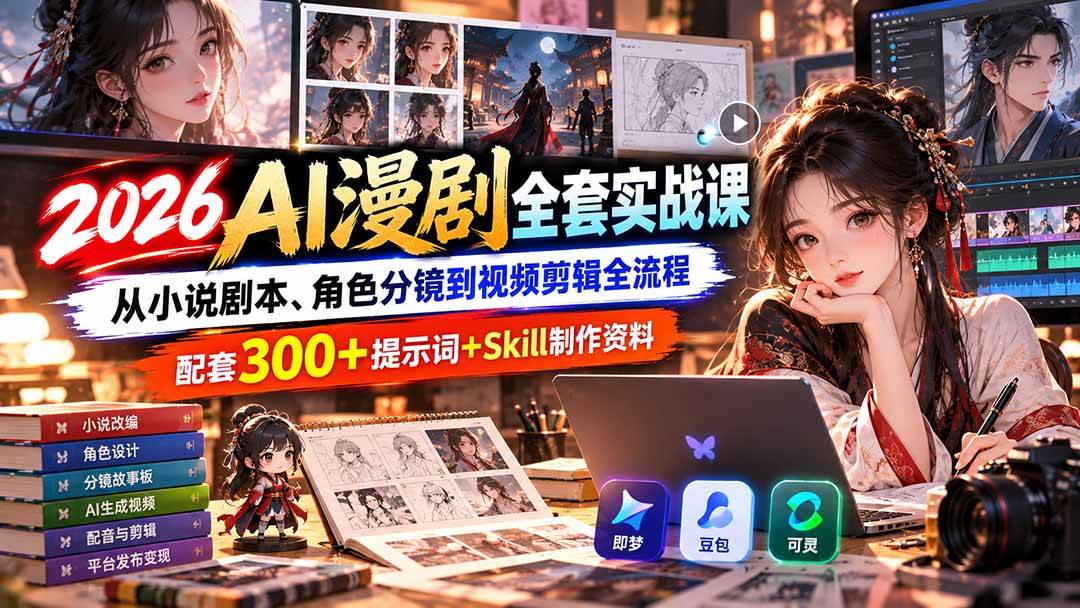 （20629期）2026AI漫剧全套实战课：从小说剧本、角色分镜到视频剪辑全流程，配套300+提示词+Skill制作资料-网创百晓生