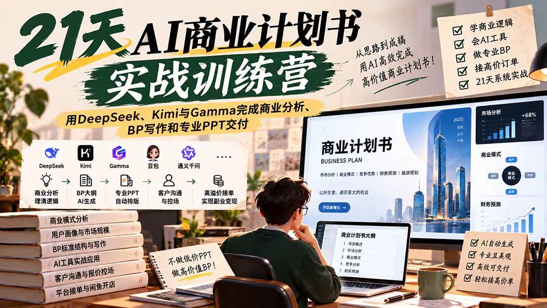（20637期）【无水印】21天AI商业计划书实战训练营：用DeepSeek、Kimi与Gamma完成商业分析、BP写作和专业PPT交付-网创百晓生