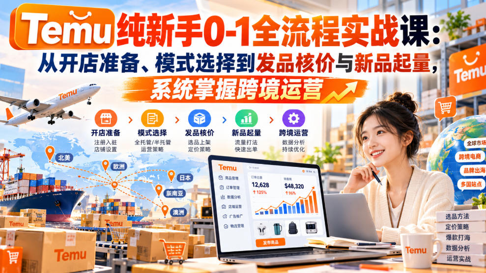 【无水印】Temu纯新手0-1全流程实战课：从开店准备、模式选择到发品核价与新品起量，系统掌握跨境运营-怪兽网创俱乐部