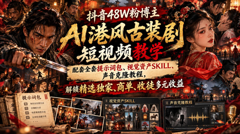 抖音48W粉博主AI港风古装剧短视频教学，配套全套提示词包、视觉资产SKILL、声音克隆教程，解锁精选独家、商单、收徒多元收益-网创百晓生