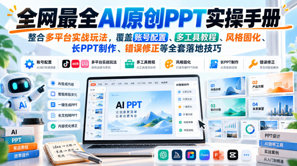 全网最全AI原创PPT实操手册，整合多平台实战玩法，覆盖账号配置、多工具教程、风格固化、长PPT制作、错误修正等全套落地技巧-90网