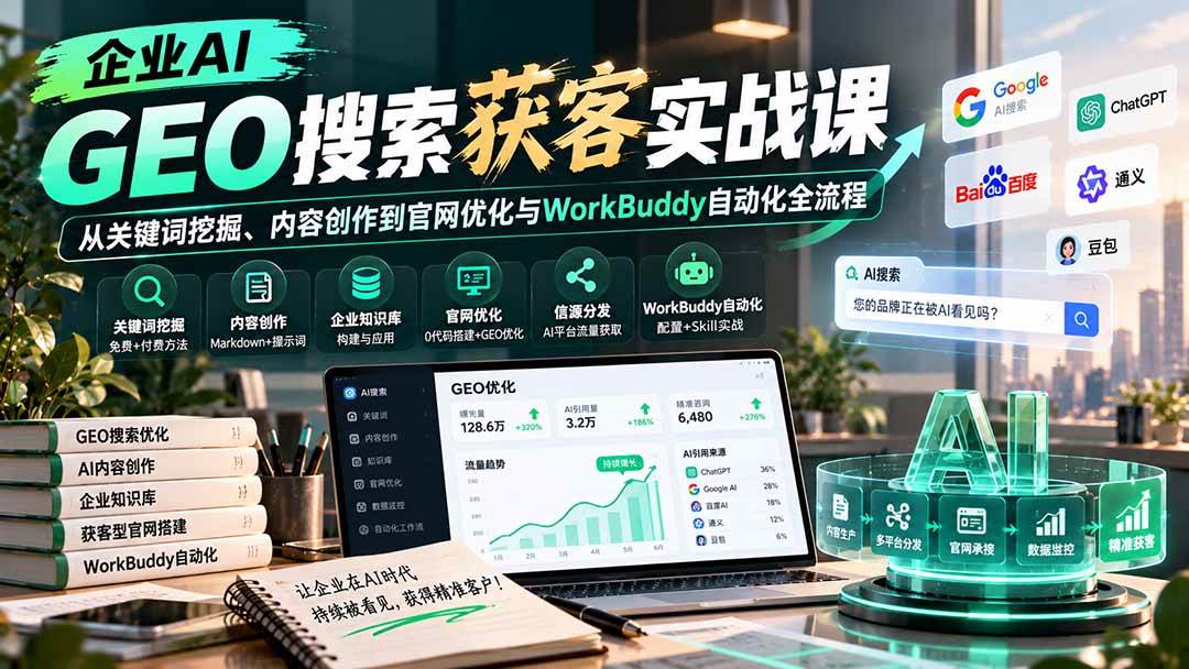 （20643期）企业AI GEO搜索获客实战课：从关键词挖掘、内容创作到官网优化与WorkBuddy自动化全流程-邪修侠 - 演示