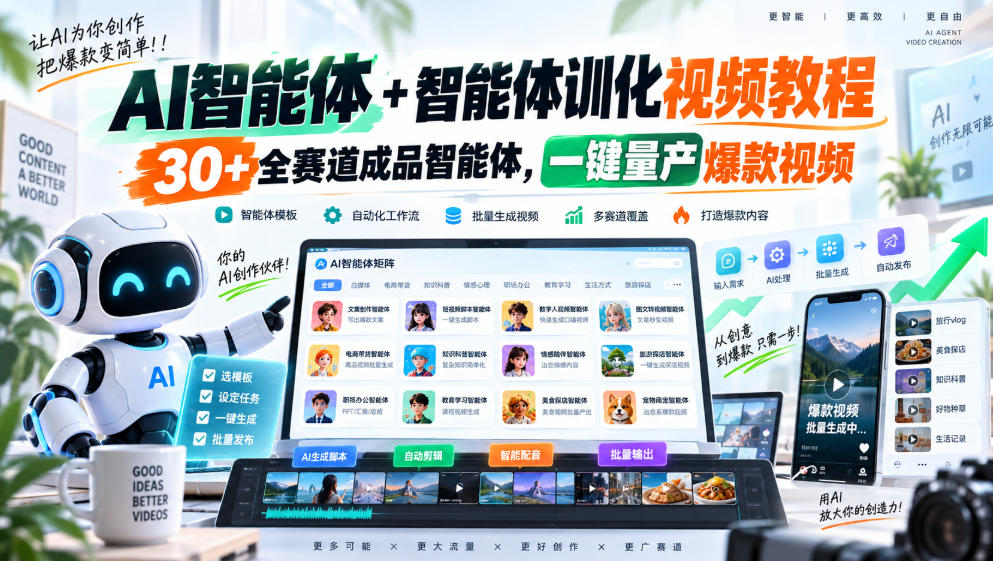 【无水印】AI智能体+智能体训化视频教程，30+全赛道成品智能体，一键量产爆款视频【更新】-怪兽网创俱乐部