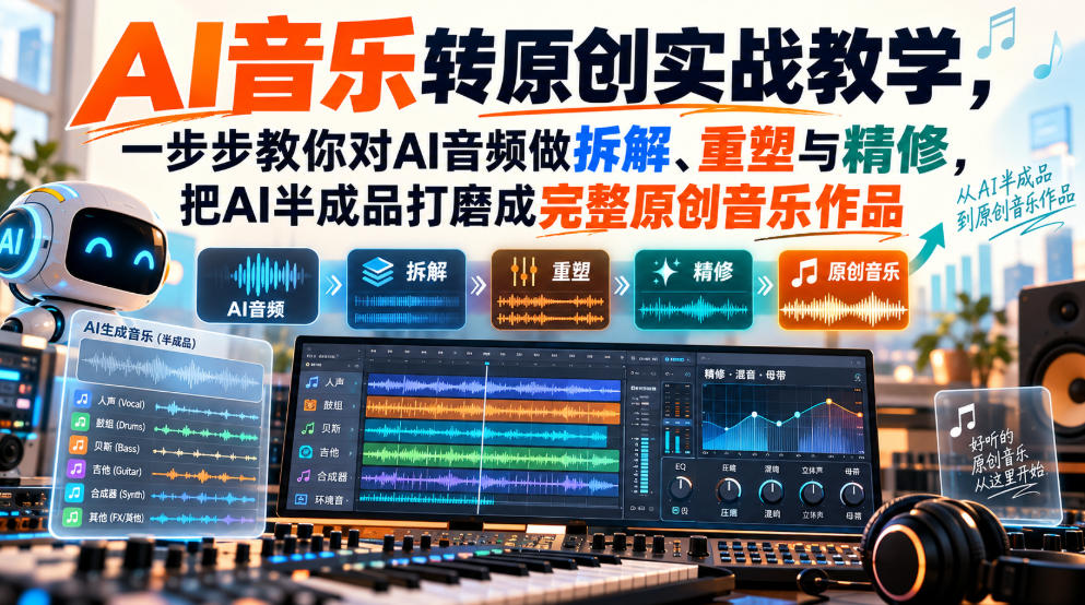 AI音乐转原创实战教学，一步步教你对AI音频做拆解、重塑与精修，把AI半成品打磨成完整原创音乐作品-网创百晓生