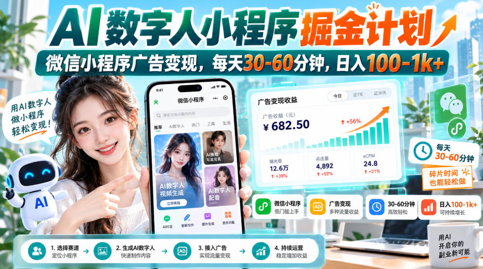 【无水印】AI数字人小程序掘金计划，微信小程序广告变现，每天30‑60分钟，日入100‑1k+-怪兽网创俱乐部