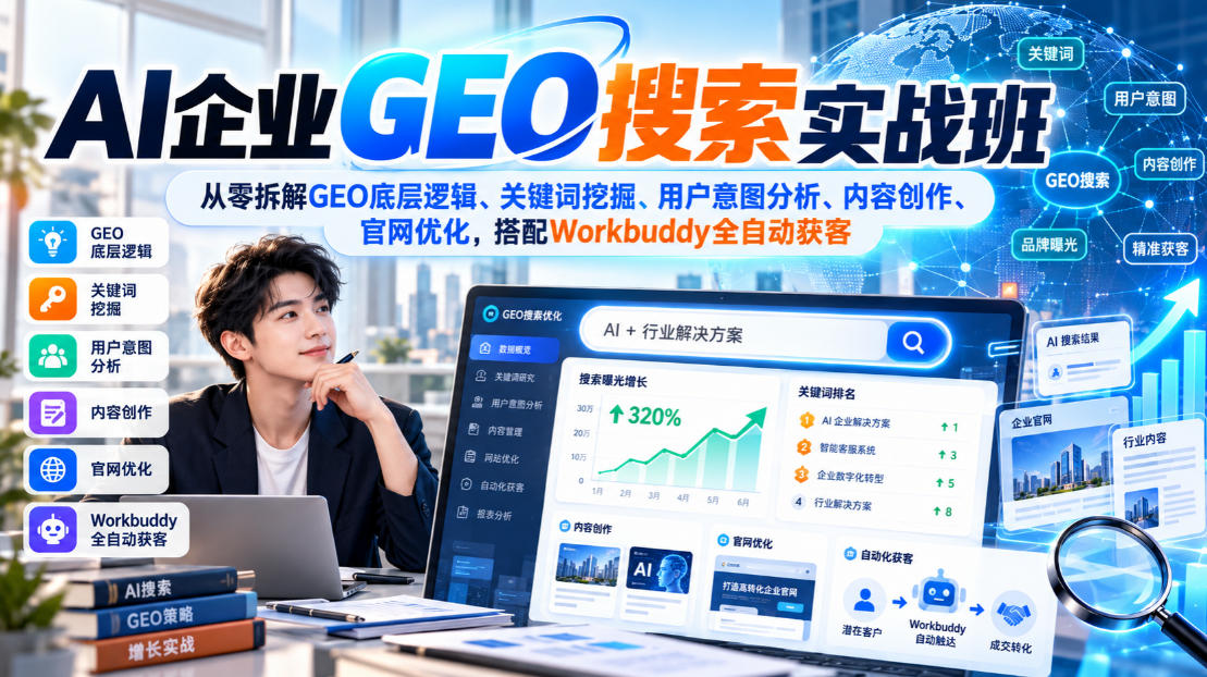 AI企业GEO搜索实战班，从零拆解GEO底层逻辑、关键词挖掘、用户意图分析、内容创作、官网优化，搭配Workbuddy全自动获客-邪修侠 - 演示