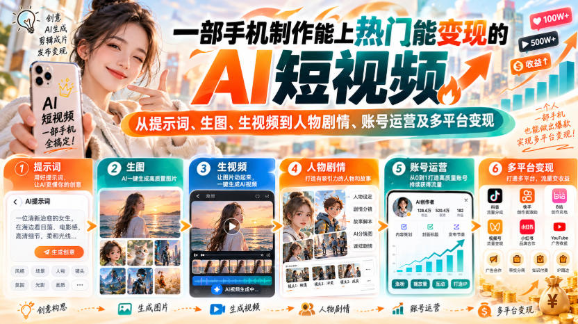 【无水印】一部手机制作能上热门能变现的AI短视频，从提示词、生图、生视频到人物剧情、账号运营及多平台变现-网创百晓生