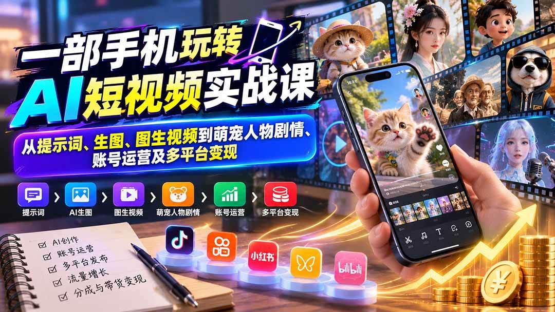 （20663期）一部手机玩转AI短视频实战课：从提示词、生图、图生视频到萌宠人物剧情、账号运营及多平台变现-网创百晓生