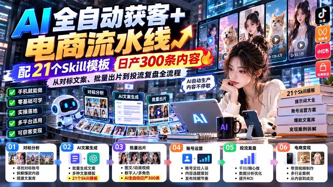 （20664期）AI全自动获客+电商流水线：配21个Skill模板，日产300条内容，从对标文案、批量出片到投流复盘全流程-网创百晓生