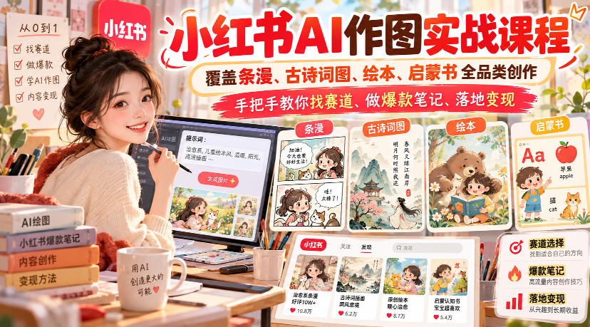 小红书AI作图实战课程，覆盖条漫、古诗词图、绘本、启蒙书全品类创作，手把手教你找赛道、做爆款笔记、落地变现-邪修侠 - 演示