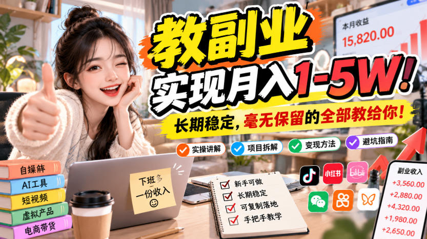 “教副业”实现月入1-5W！长期稳定，毫无保留的全部教给你！【揭秘】-网创百晓生