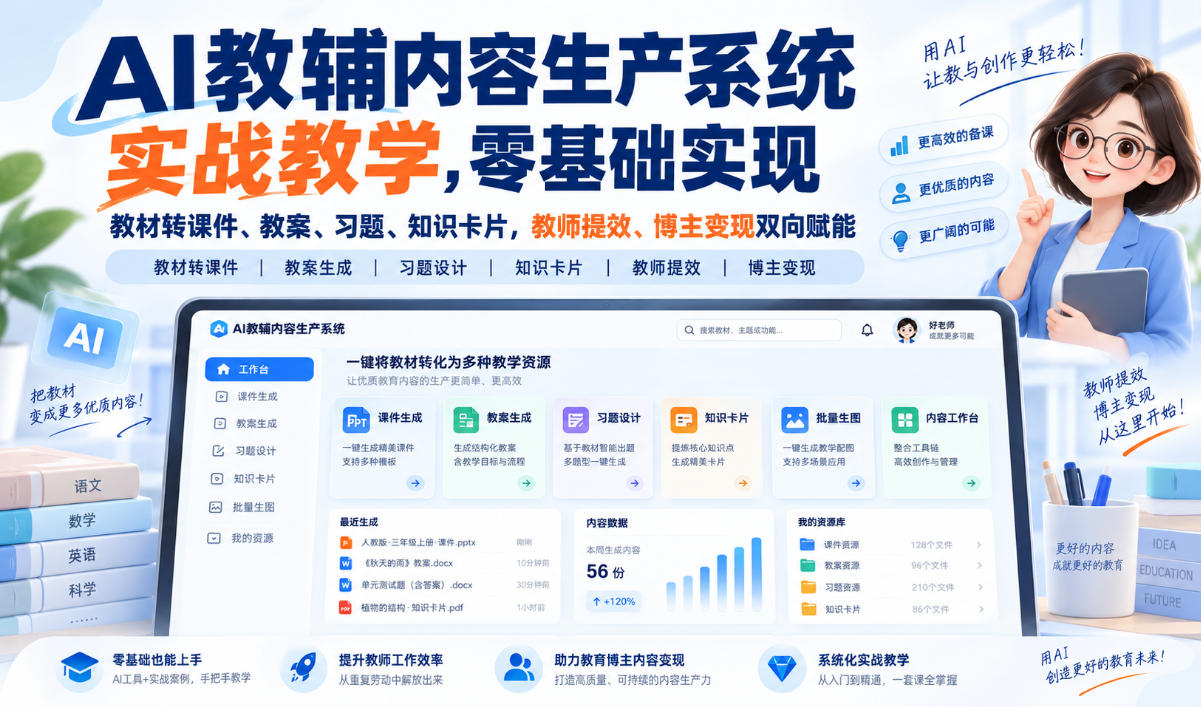 【无水印】AI教辅内容生产系统实战教学，零基础实现教材转课件、教案、习题、知识卡片，教师提效、博主变现双向赋能（更新0926）-网创百晓生