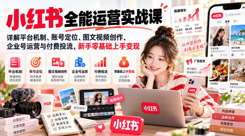 小红书全能运营实战课,详解平台机制、账号定位、图文视频创作、企业号运营与付费投流,新手零基础上手变现-邪修侠 - 演示
