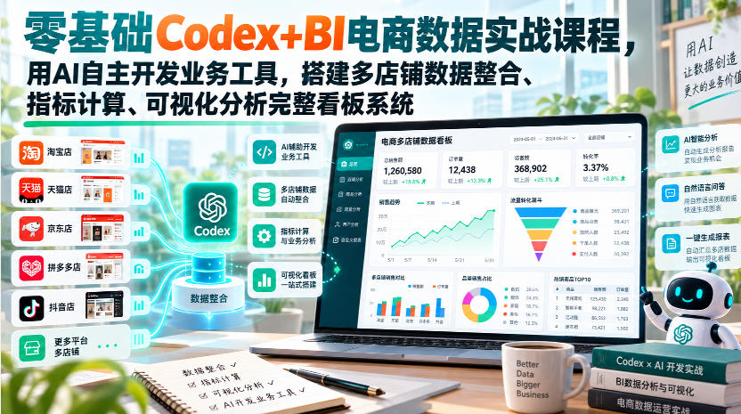 零基础Codex+BI电商数据实战课程，用AI自主开发业务工具，搭建多店铺数据整合、指标计算、可视化分析完整看板系统-网创百晓生